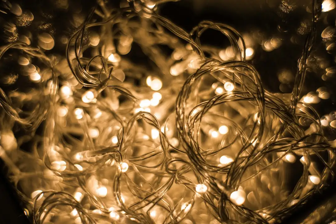 Picture of tangled Christmas tree lights for the article about how to recycle Christmas lights.